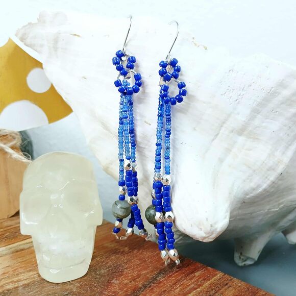 Boho Labradorite Beaded Fringe Tassel Dangle Earrings, Handmade Artisan 4" - Picture 3 of 6